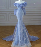 Haze blue fishtail dress senior nail bead mermaid dress high wedding banquet toasting service annual one-shoulder model catwalk