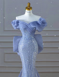 Haze blue fishtail dress senior nail bead mermaid dress high wedding banquet toasting service annual one-shoulder model catwalk