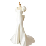 Mermaid Satin Light Wedding Dress Backless Slim Evening Dress with Trailing