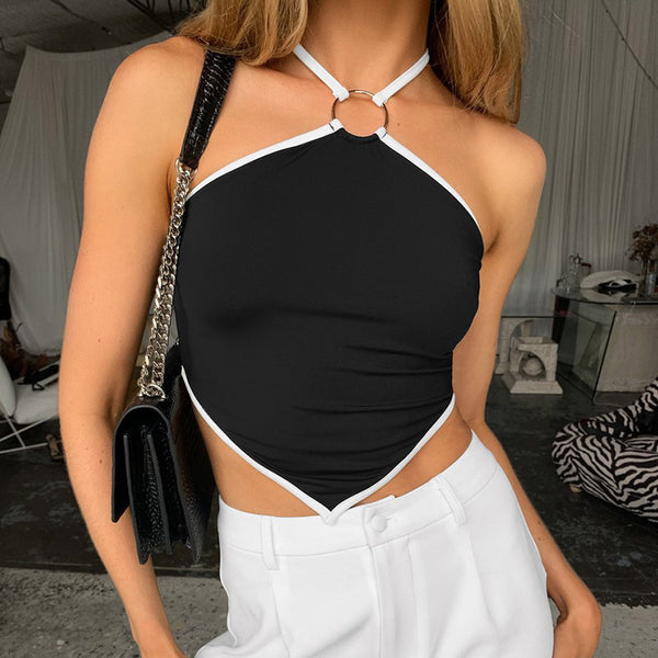New women's dress halter neck contrast color pointed small sling top