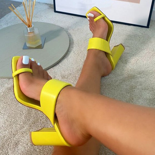 Spring and summer women's high heels daily buckle solid color thick heel square toe flat heel shoes
