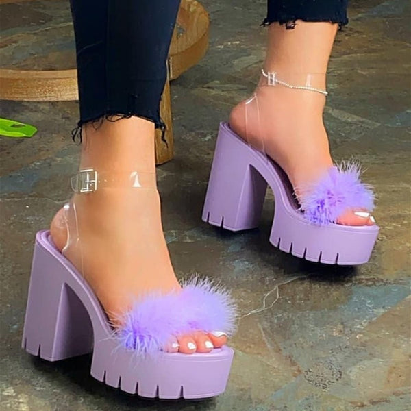 Large size women's shoes platform sole thick with plush transparent ankle loop strap buckle high heels women sandals Shoes