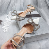 New Pointed Sandals Fashion Bowknot Rhinestone Stiletto High Heels Hollow Strap Women's Shoes