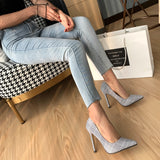 New style women's shoes stiletto high-heeled plaid cloth pointed-toe shallow shoes