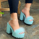 Large size women's shoes platform sole thick with plush transparent ankle loop strap buckle high heels women sandals Shoes