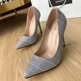 New style women's shoes stiletto high-heeled plaid cloth pointed-toe shallow shoes