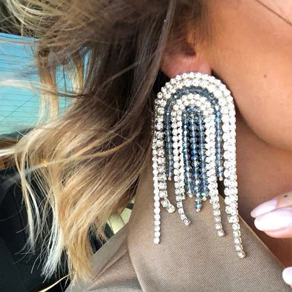 New tassel water drill crystal in the long earrings exaggerated personality web celebrity flash diamond stud jewelry