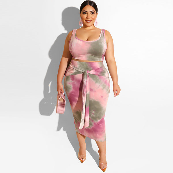 Hot style women's tightfitting and sexy two-piece tie-dye print suit with buttocks and midriff