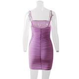 Low-cut strap V-neck pleated mesh bag hip dress