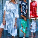 New women's tie-dye loose-fitting dress with round collar and mid-sleeve