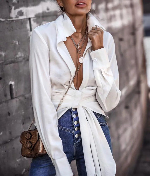 Autumn new style with white long-sleeved shirt female simple lapel shirt women's clothing