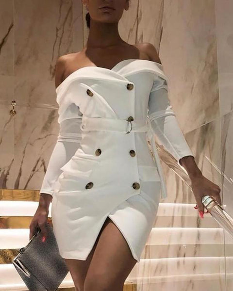 Women's Wrapped Chest Long Sleeve Beige Sexy Package Hip Dress