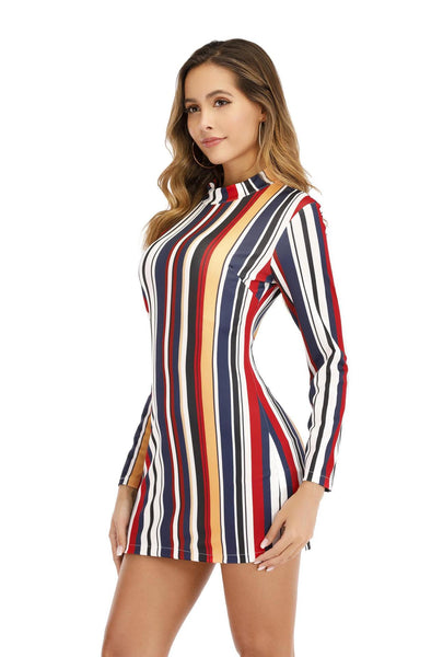 Women's New Print Striped Slim Long Sleeve Dress