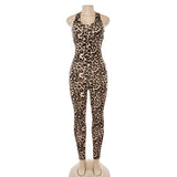 New women's fashion leopard sports fitness hollow jumpsuit