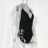 Women's sexy diamond deep V open back swimsuit bikini bright diamond hanging neck jumpsuit Black