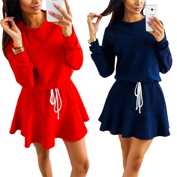 Spring new hot selling sexy wear rope waist long sleeve dress