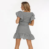 Plaid short-sleeved pleated ruffled ruffled zipper skirt for ladies