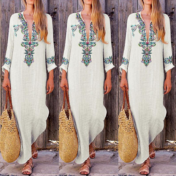 Cotton and linen new long-sleeved ethnic printed dress for women