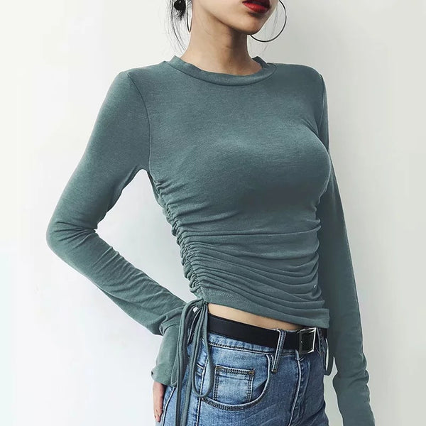 Autumn new wild college wind pleated long-sleeved T-shirt bottoming shirt