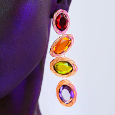 New China Vintage Color Gemstone Earrings Long Wild Rhinestone Earrings
