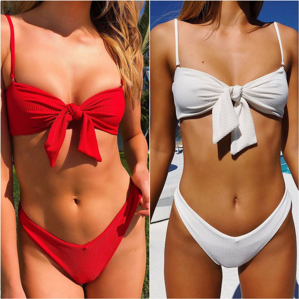 Women's split solid color knotted bikini two-piece suit