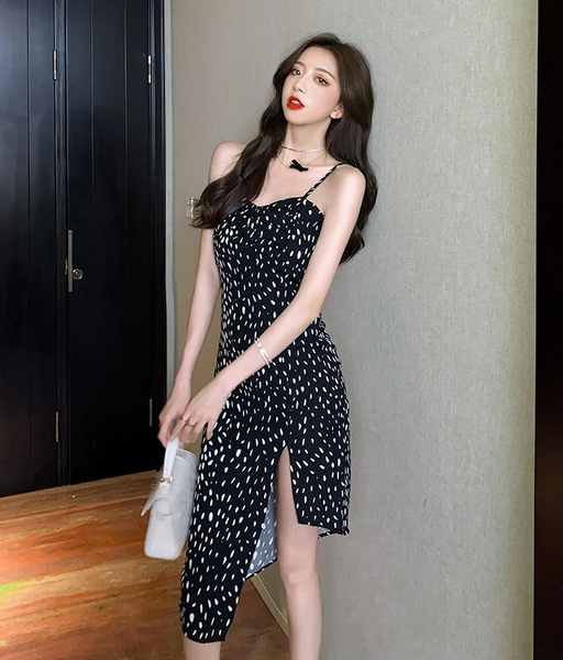 New Fashion Halter Slit Sexy Polka Dot Sling Skirt Mid-length Dress