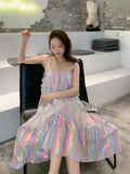 Summer new rainbow stretch chiffon strapless dress with lotus edge