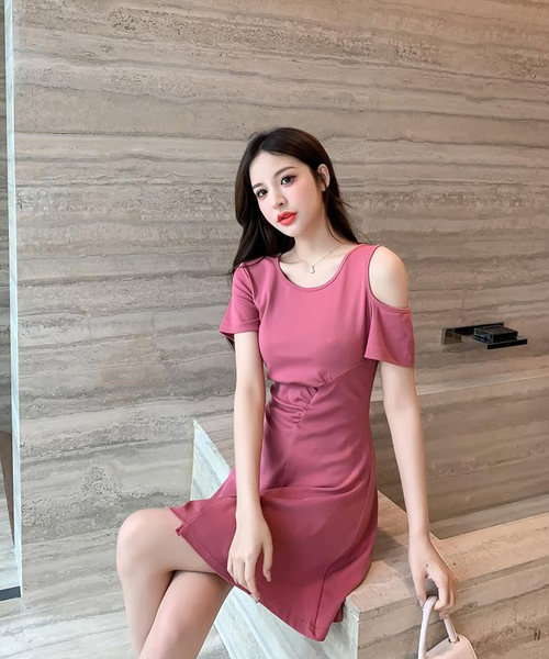 New fashion slim slimming solid color short-sleeved dress women's clothing
