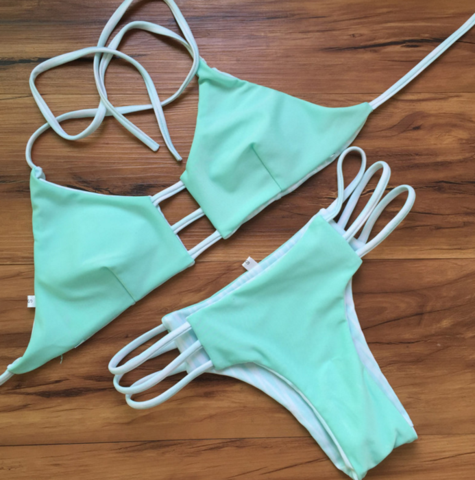 HOT PURE COLOR HOLLOW GREEN TWO PIECE BIKINIS