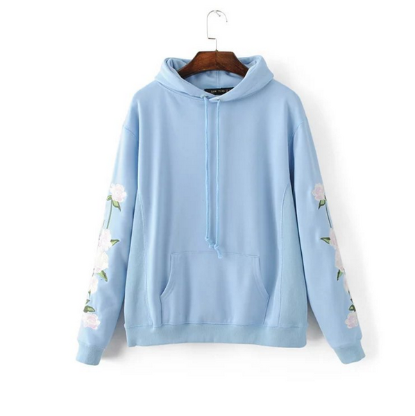 Autumn new women 's fashion wild flowers embroidered hooded loose head sweater coat women Light blue