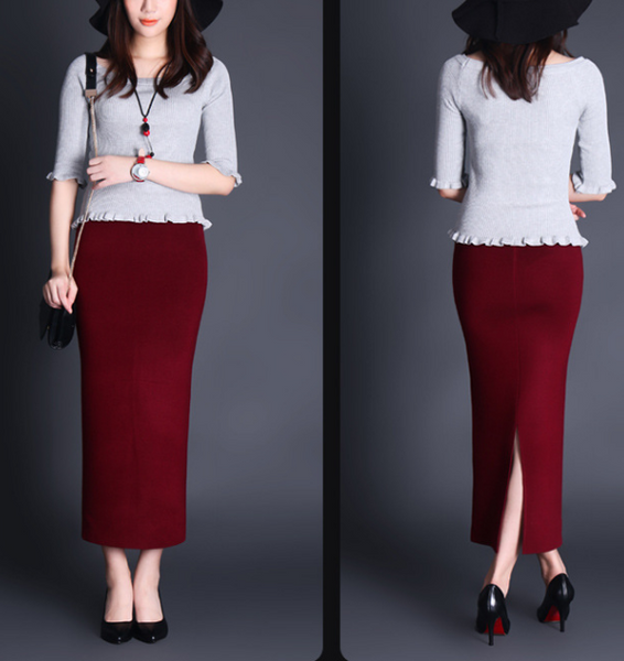 Solid color after the split knit package hip skirt - step skirt skirts Red