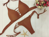 Sexy fourth color chest hollow v neck two piece bikini Wine red
