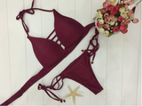 Sexy fourth color chest hollow v neck two piece bikini Wine red