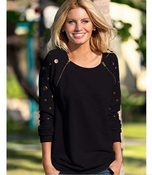 Fashion pure color spelling zipper long sleeve holes metallic sweater Black