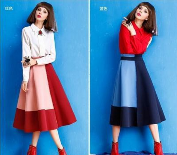 new fashion hight waist pink red splicing long pleated skirt