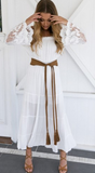 Fashion sexy white long sleeve lace flower off shoulder belt knot long dress