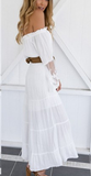 Fashion sexy white long sleeve lace flower off shoulder belt knot long dress