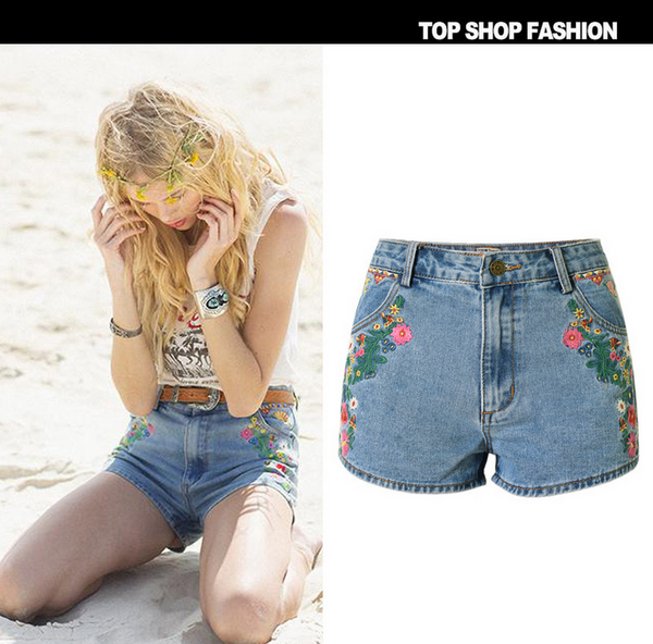 Hot sale fashion  embroidery  show thin Bohemian blue denim shorts