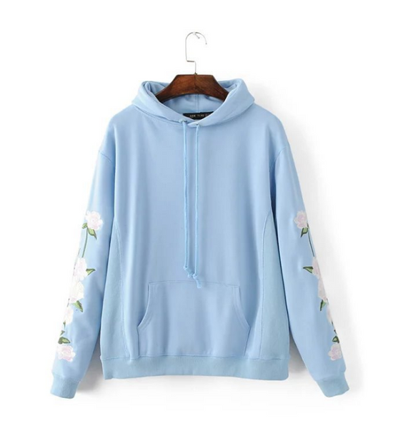 Free size long sleeve Sweater flower embroidery Pullover top women sky blue