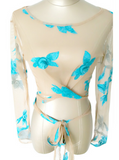 Fashion Sexy gauze embroidery long sleeve knot bikini blouse