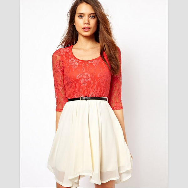 Fashion Sexy lace hollow splicing show thin dress red