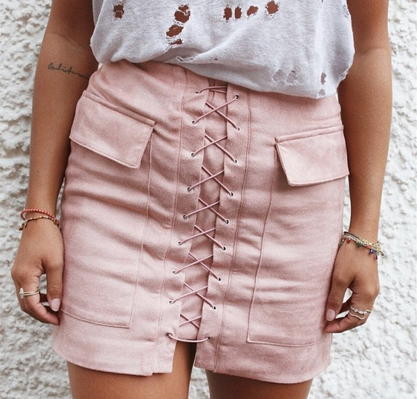 Fashion sexy lace up type double pocket package hip skirt Pink