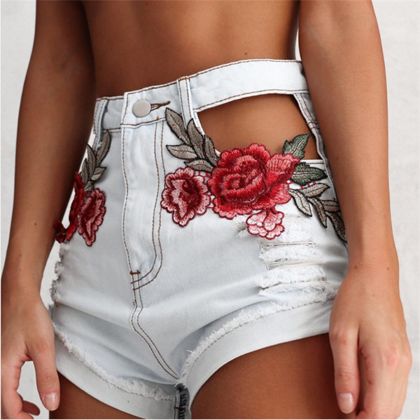 Fashion Sexy embroidery flower holes washed cowboy shorts