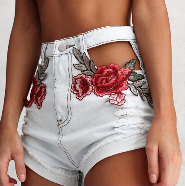 Summer women's new flowers embroidered holes washed denim shorts