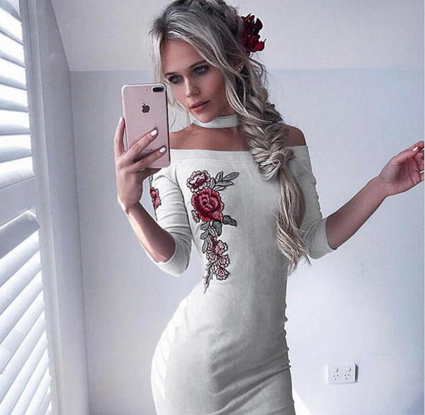 Fashion sexy off shoulder halter show thin embroider flower dress