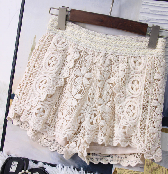 High waist loose female casual hook flower embroidery lace wide leg pants pants lace short pants summer female