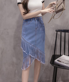 Fashion Sexy  Irregular Tassel  Blue High Waist Cowboy Long Skirt