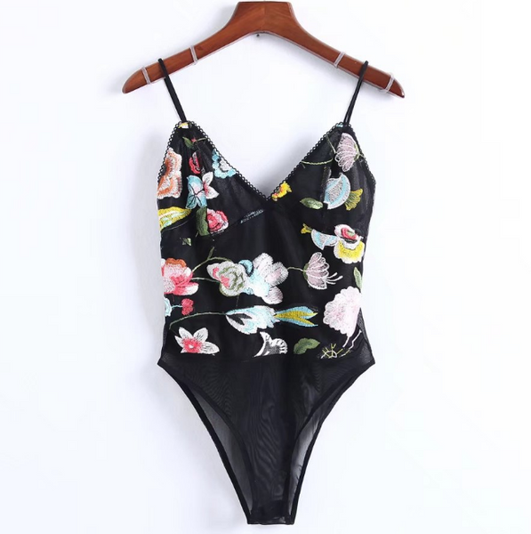 Sexy black flower embroidery bottom splicing gauze one piece bikini set