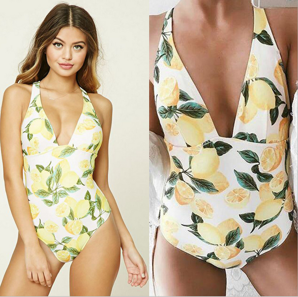 Summer Hot Swimsuit Beach Lemon Blossom Print Low Chest One Piece Bikini