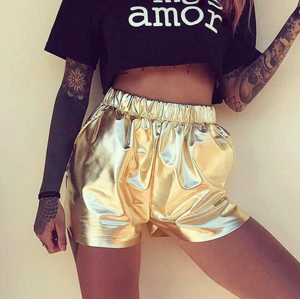 Fashion Golden Shiny Sheer Sexy Imitation Leather Shorts